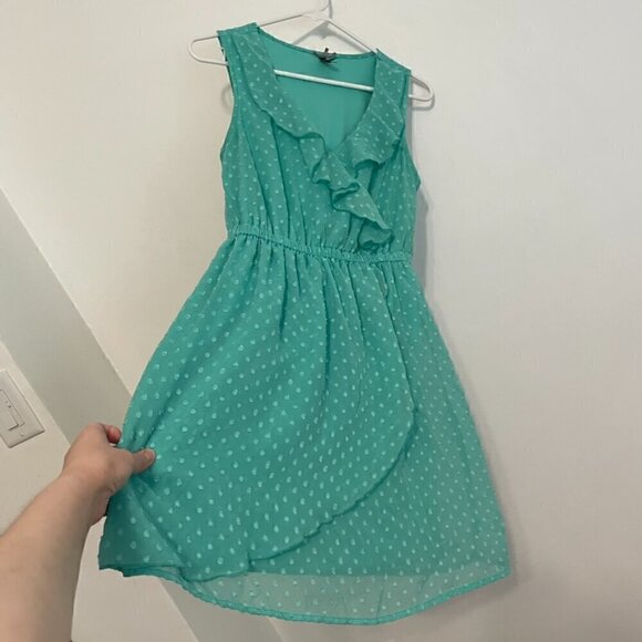 VANITY Aqua Seafoam Green Blue Swiss Dot Textured Mini Surplice Faux Wrap Dress - Picture 7 of 16